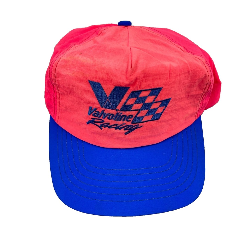 Vintage Valvoline Racing Trucker Hat Cap Snapback Pink Blue Nylon 90s Made USA *